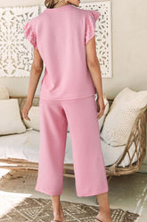 Elegant Pearl Detail Ruffle Sleeve Top & Wide-Leg Pants Set